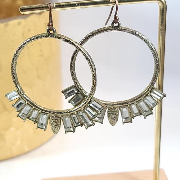 Vintage Silver Tone Hoop Earrings with Baguette Stones, Statement Jewelry - Picture 1 of 10